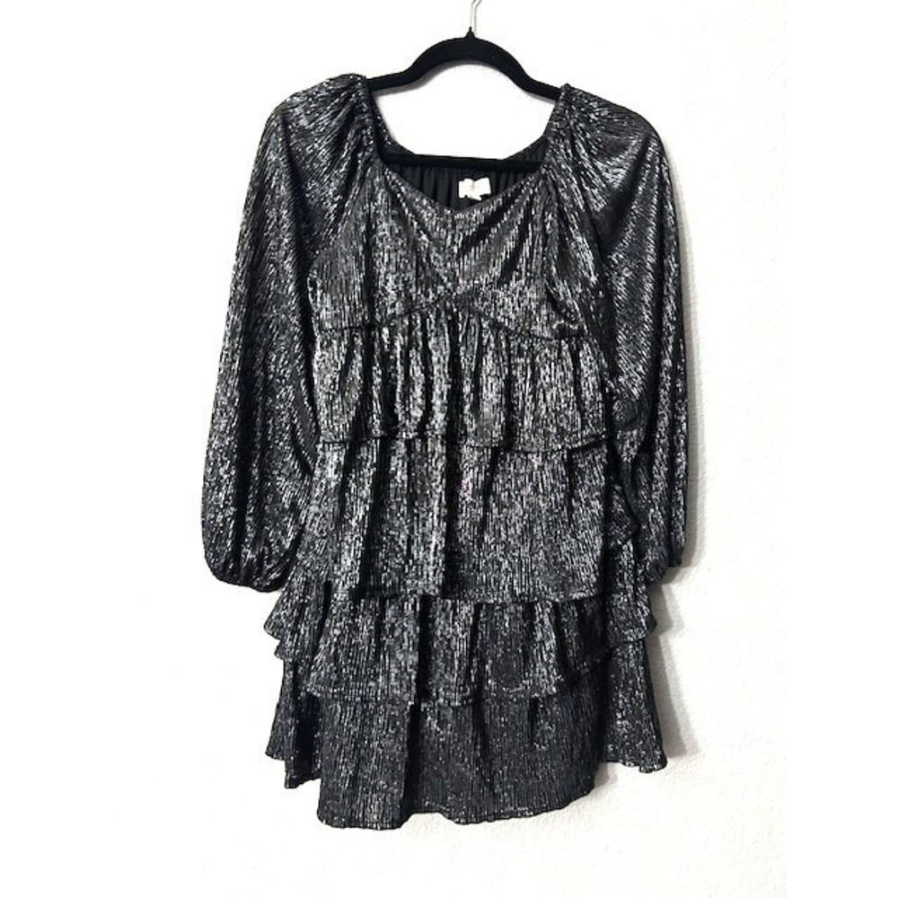Walking On Sunshine Girls XL Black Metallic Tieredā Ruffle Dress Party Holiday